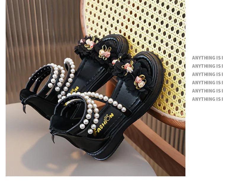 Children's Sandals Summer Bowtie Princess Shoes for Girls Fashion Sweet Kids Causal Pearl Roman Sandals Solid Color Hook Loop
