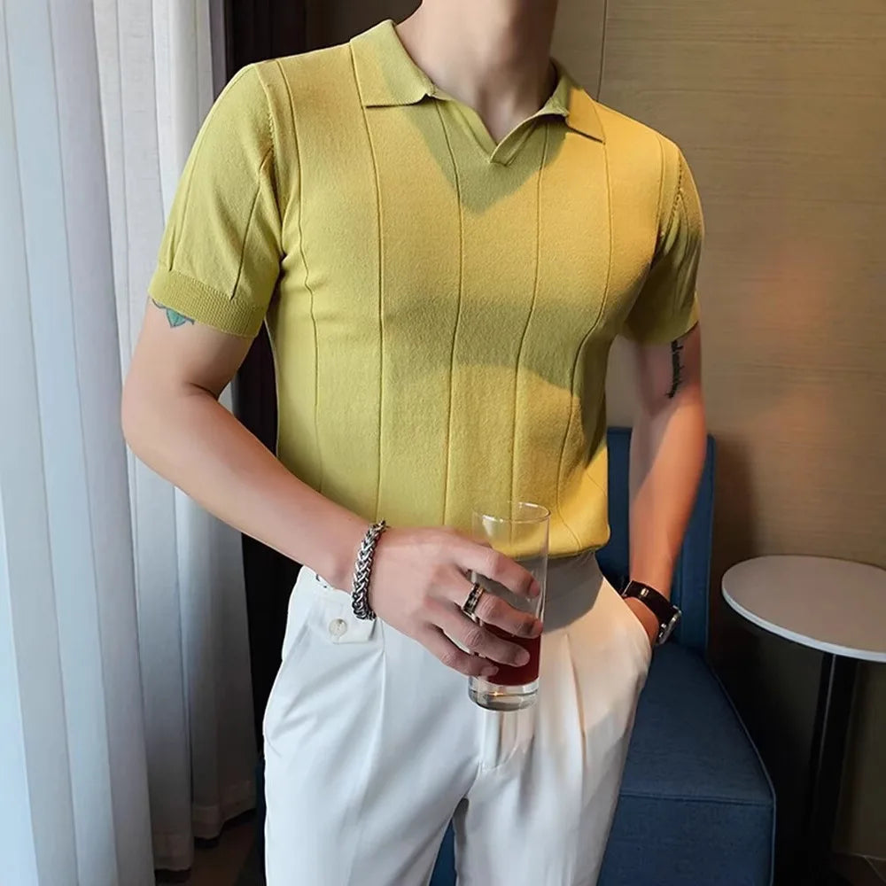Summer New Short-sleeved Knitted T-shirt for Men, Stylish and Versatile High-end V-neck POLO Shirt