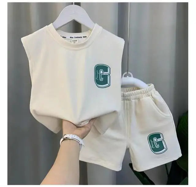Kids Boys Summer Vest Set New Fashionable Baby Net Red Clothes Boys and Children's Fashion Two Piece Set Kids Outfits