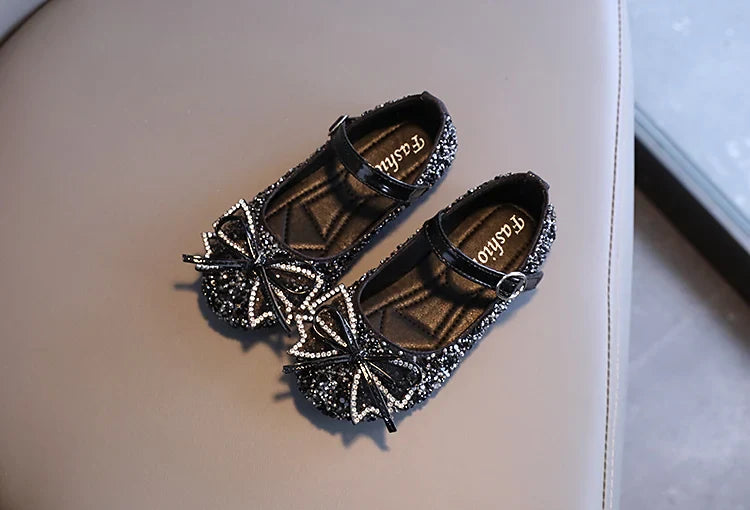 Girl's Princess Shoes Crystal Sequins Bowtie Party Glitter Children Mary Janes Three Colors Wedding Shallow Chic Kids Shoe 26-36
