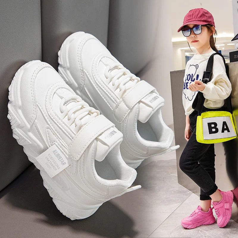 Spring New Kids Sneakers 2023 PU Girls Casual Mesh Solid Pink Light Boys White Hook & Loop Children Non-slip Sports Shoe Fas