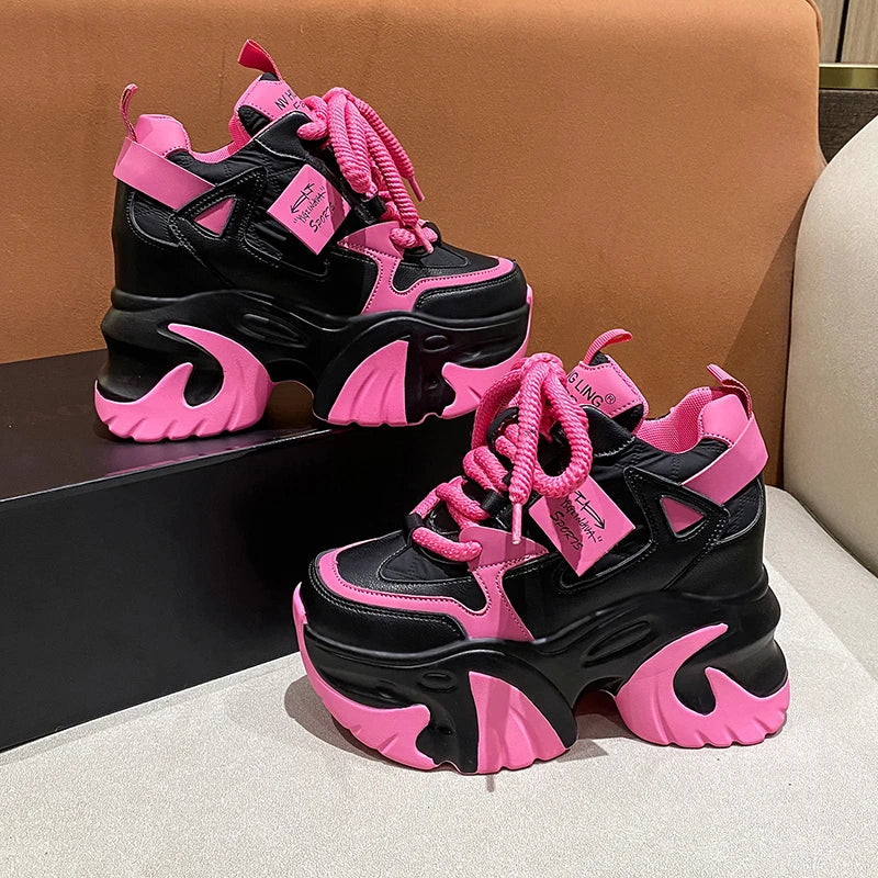 Women Walking Sneakers 2025 Spring Lace-up High Platform Chunky Shoes Breathable Leather Shoes 10CM Wedge Heels Casual Shoes