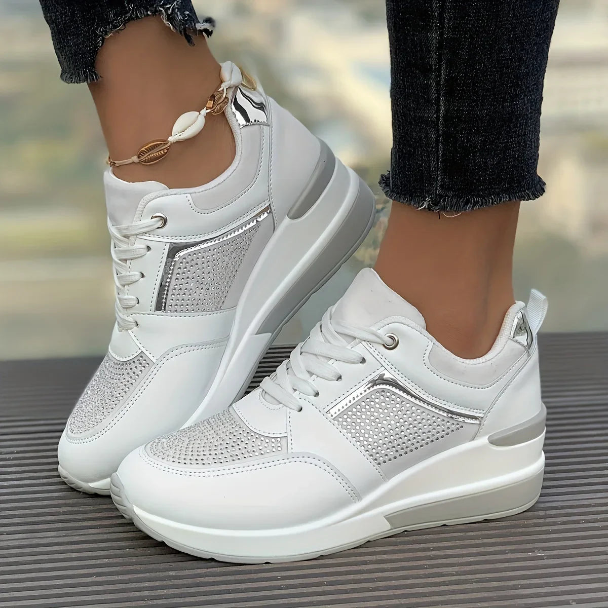 New Women's Sneakers Luxury Rhinestone Casual Shoes for Women Comfortable Platform Wedge Shoes Fashion Breathable Running Shoes