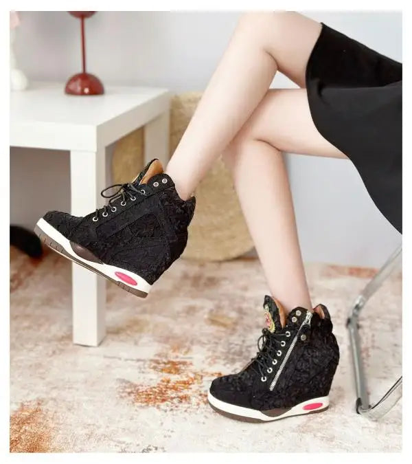 Womens Sneakers Shoes 2025 Fashion Platform Designer Thick Sole Casual Hoof Heels TPR Autumn Round Toe Solid High Increased Inte