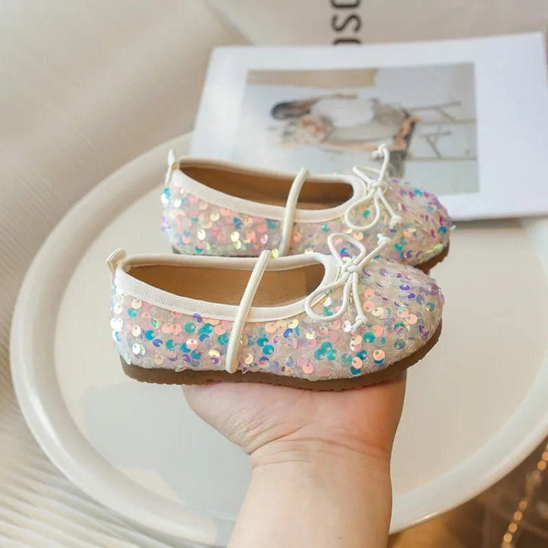 Girls' Shoes 2025 Spring New Fashion Little Girl Sequin Princess Shoes Soft Sole Girls' Shallow Mouth Single Shoes Breathable