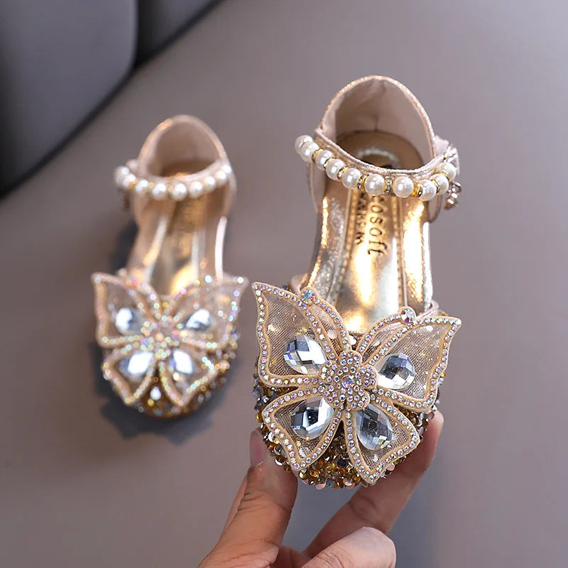 2024 New Children's Party Wedding Children Shoes Sequin Lace Bow Kids Shoes Cute Pearl Princess Dance Single Casual Girls Shoe