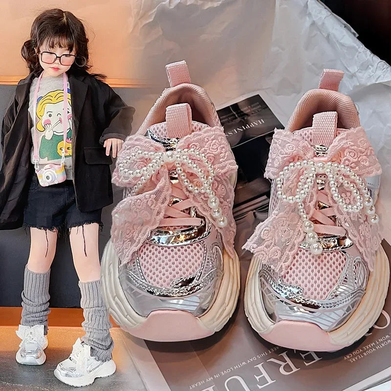 Girls Running Shoes with Sweet Mesh Bow Kids Sports Shoes Breathable 2025 New Fashion Children Sneakers Princess Style Cute
