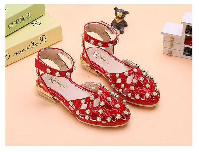 Children's High Heels Korean Version Princess Fish Mouth Bow Little Girl Crystal Shoes