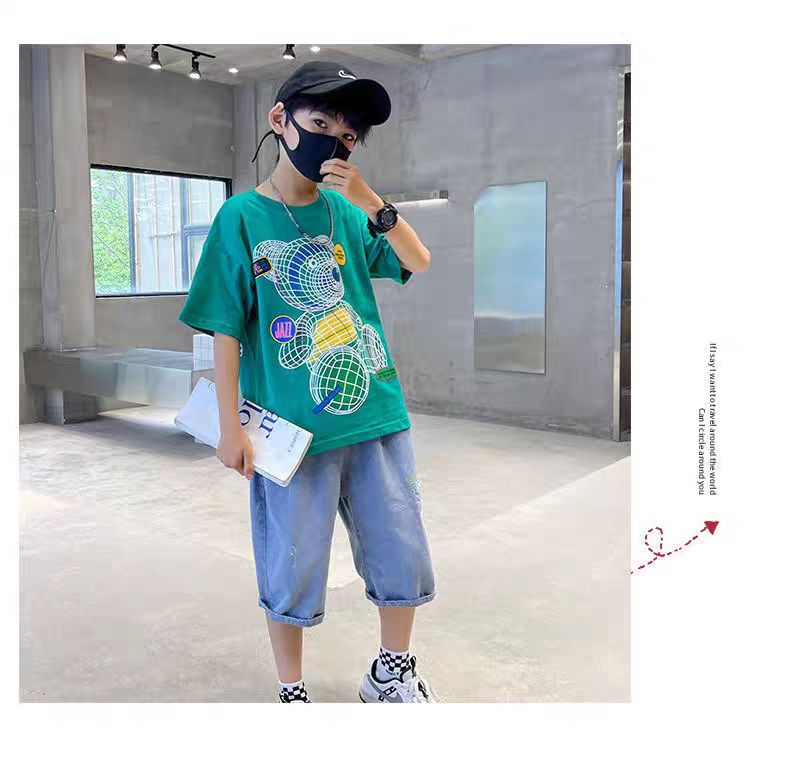 Colorful Bear Print Children's Short-sleeved T-shirt Boys loose Off-shoulder Fashion Dress (Available)