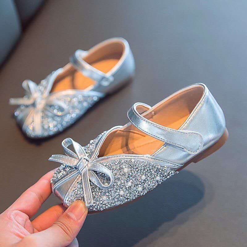 Spring Autumn New Soft Bottom Rhinestone Bow Leather Children Shoes Slip Girls Shoes for Kids Flats