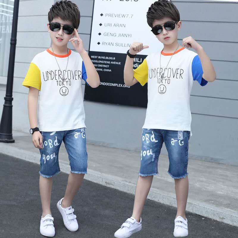 Summer Clothing For Boys Short Sleeve Sets Fashion Letters Patchwork Print Top & Pants 2 Piece Suits Children Outfits Costums (Available)