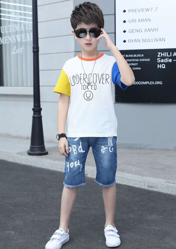 Summer Clothing For Boys Short Sleeve Sets Fashion Letters Patchwork Print Top & Pants 2 Piece Suits Children Outfits Costums (Available)