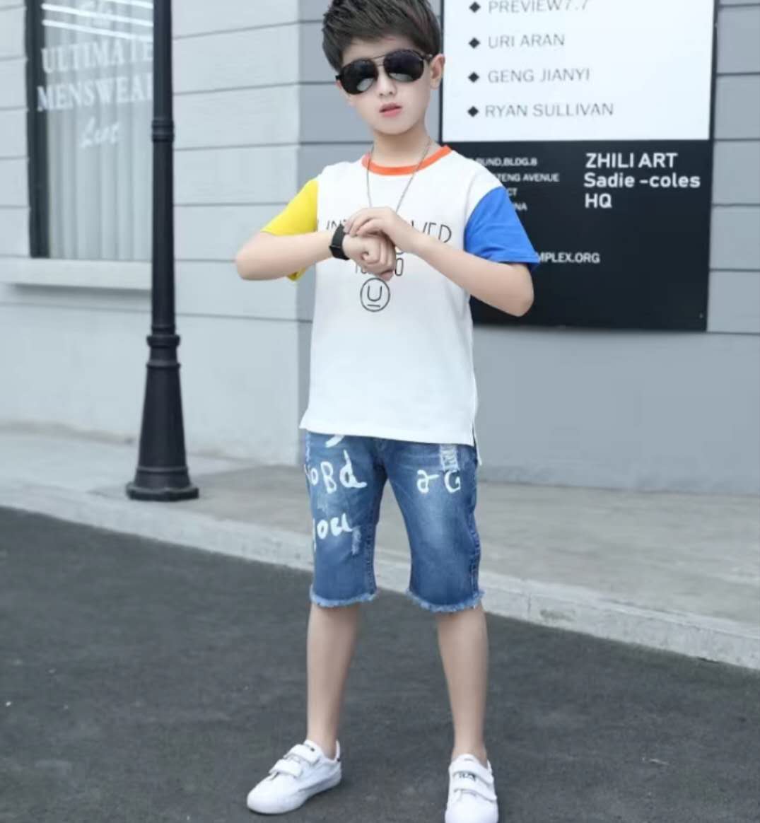 Summer Clothing For Boys Short Sleeve Sets Fashion Letters Patchwork Print Top & Pants 2 Piece Suits Children Outfits Costums (Available)