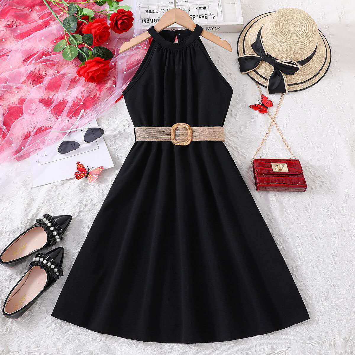 summer new girl's halter dress solid color cute long dress teenage big girls clothes with belt fashion kids clothes (Available )