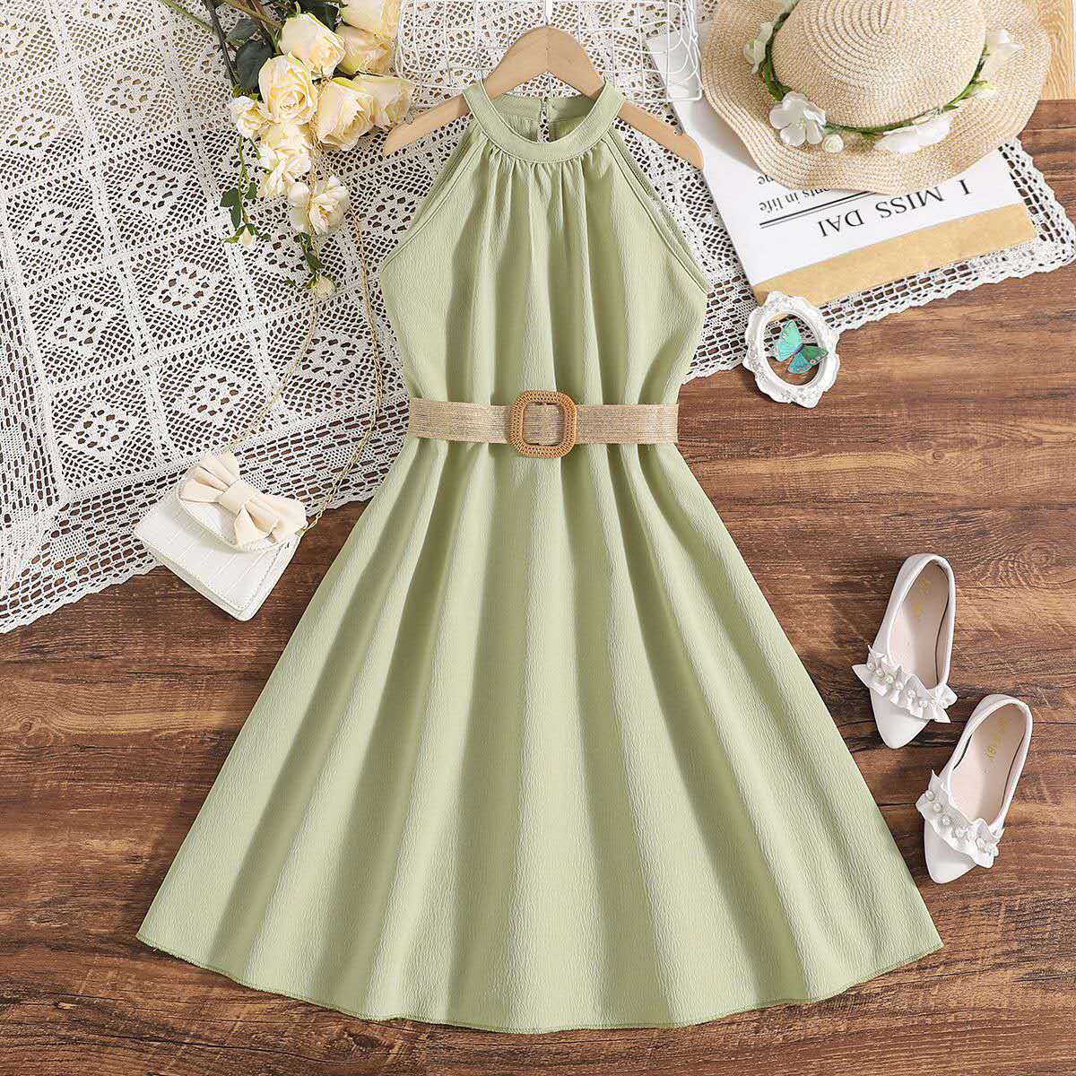 summer new girl's halter dress solid color cute long dress teenage big girls clothes with belt fashion kids clothes (Available )