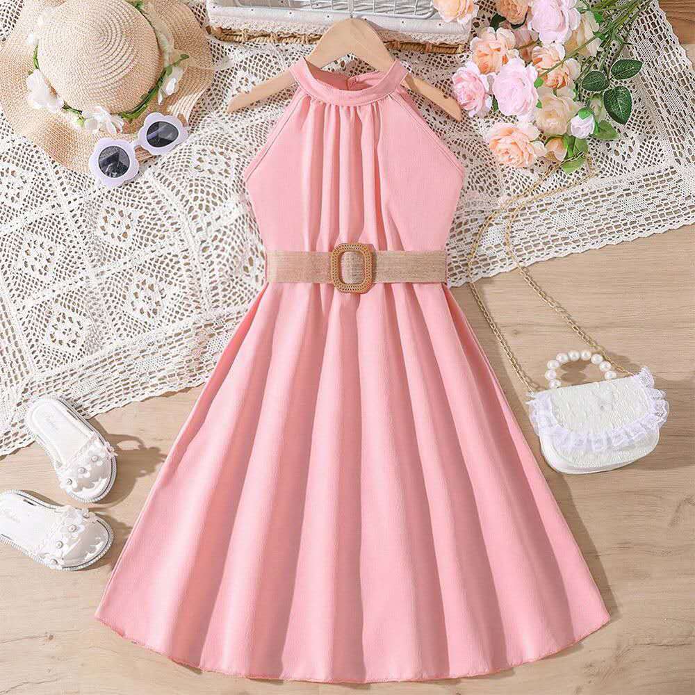 summer new girl's halter dress solid color cute long dress teenage big girls clothes with belt fashion kids clothes (Available )