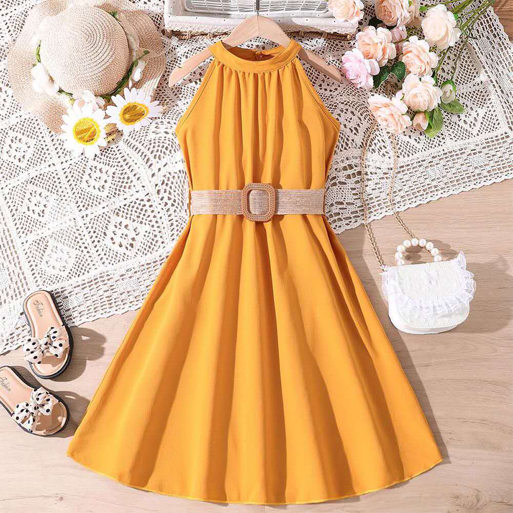 summer new girl's halter dress solid color cute long dress teenage big girls clothes with belt fashion kids clothes (Available )