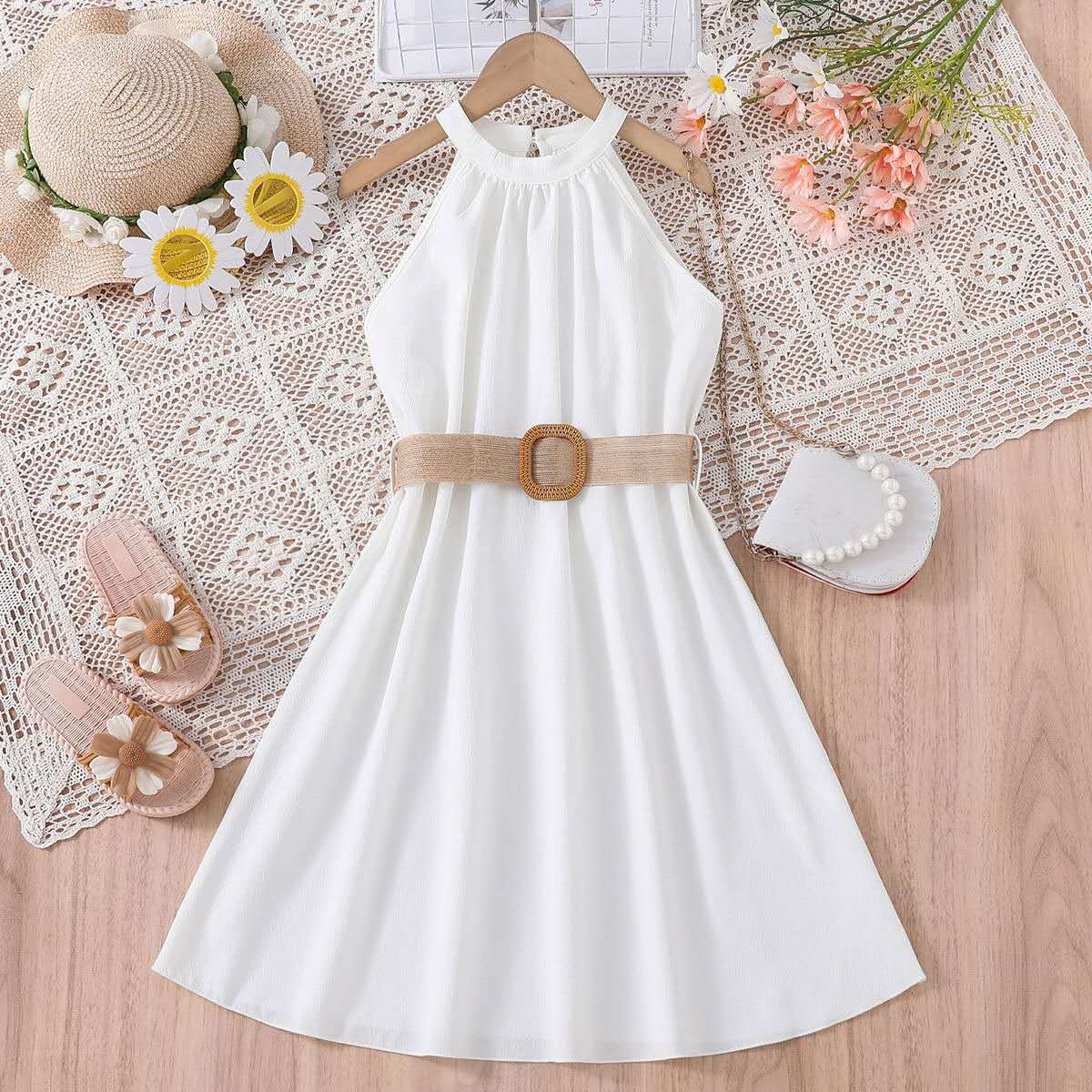 summer new girl's halter dress solid color cute long dress teenage big girls clothes with belt fashion kids clothes (Available )