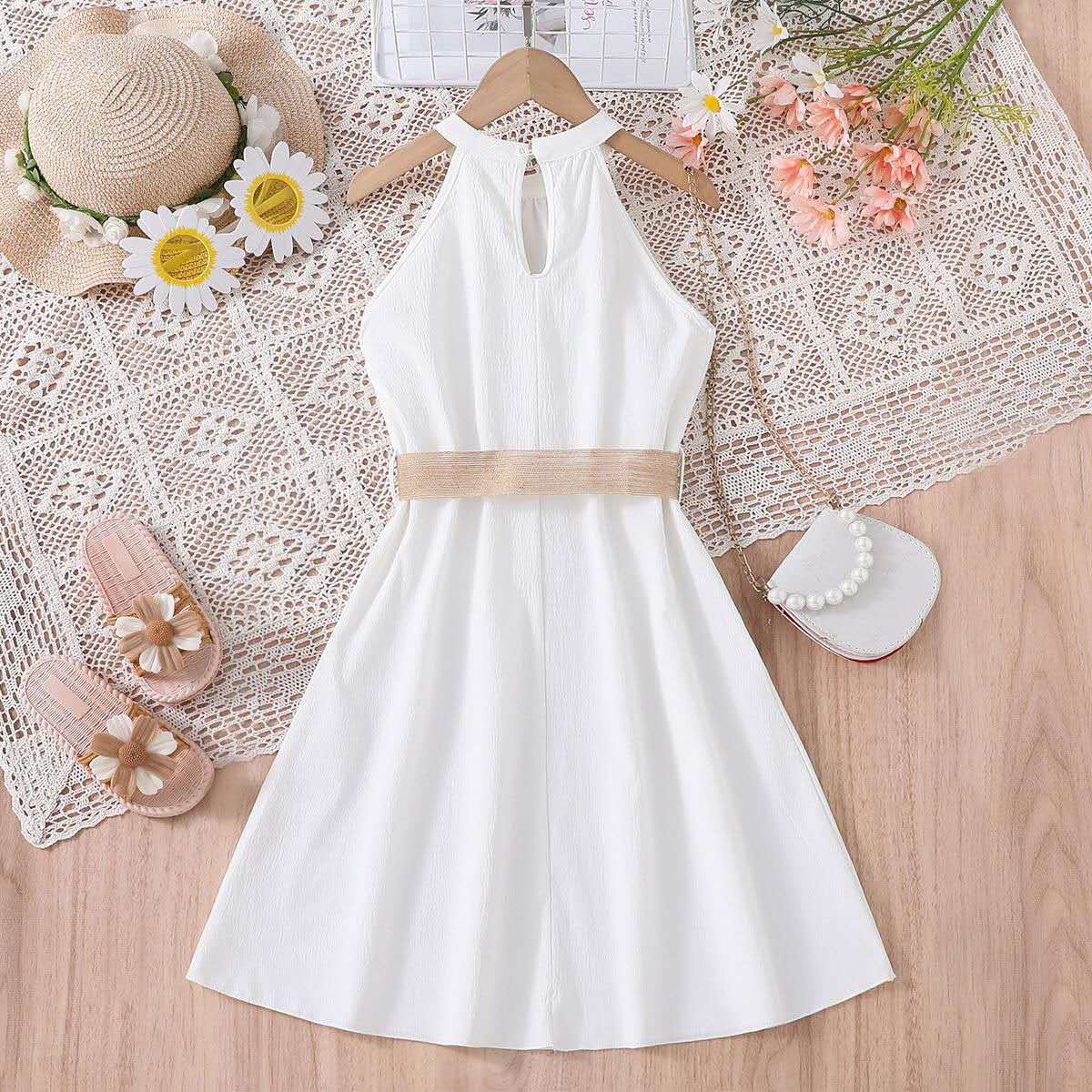 summer new girl's halter dress solid color cute long dress teenage big girls clothes with belt fashion kids clothes (Available )