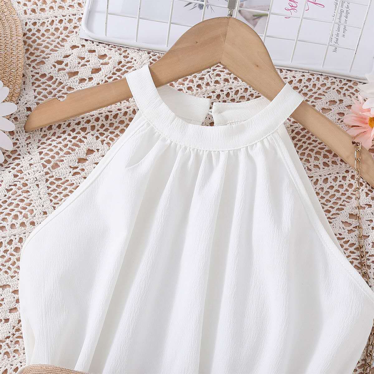 summer new girl's halter dress solid color cute long dress teenage big girls clothes with belt fashion kids clothes (Available )