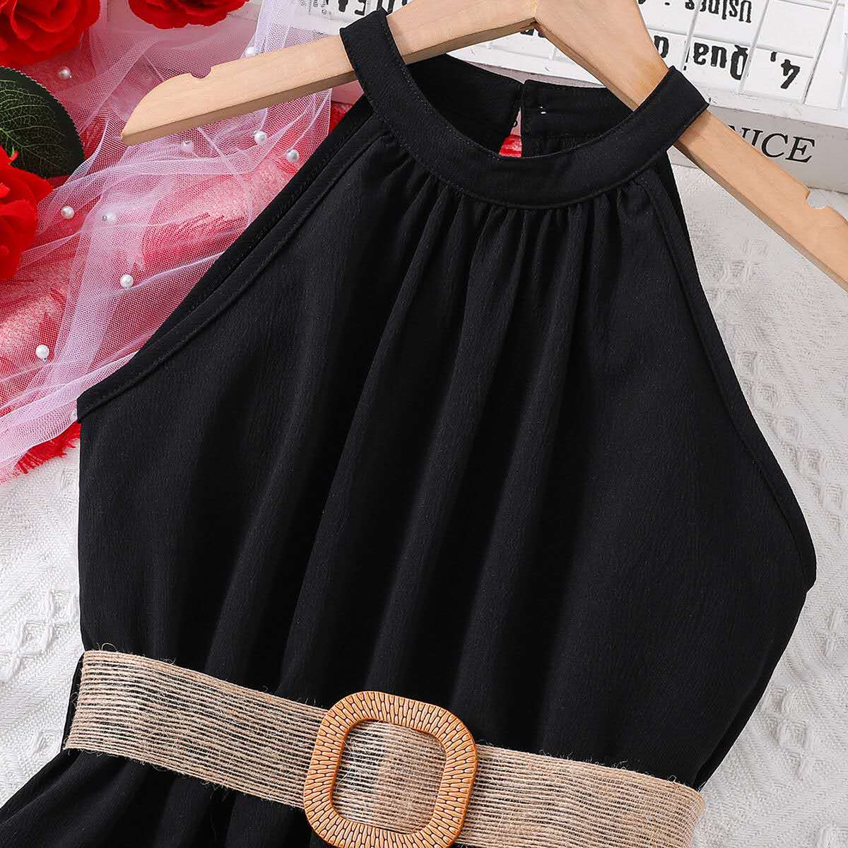 summer new girl's halter dress solid color cute long dress teenage big girls clothes with belt fashion kids clothes (Available )