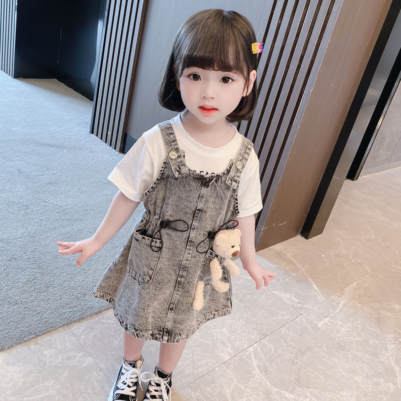 Girls Short Sleeve Top Suspender Dress Clothes Sets Summer Children Cotton T-Shirt Denim Dress 2pcs Outfit Bear