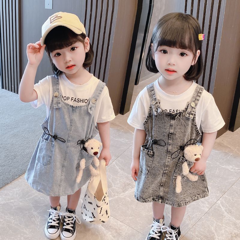 Girls Short Sleeve Top Suspender Dress Clothes Sets Summer Children Cotton T-Shirt Denim Dress 2pcs Outfit Bear