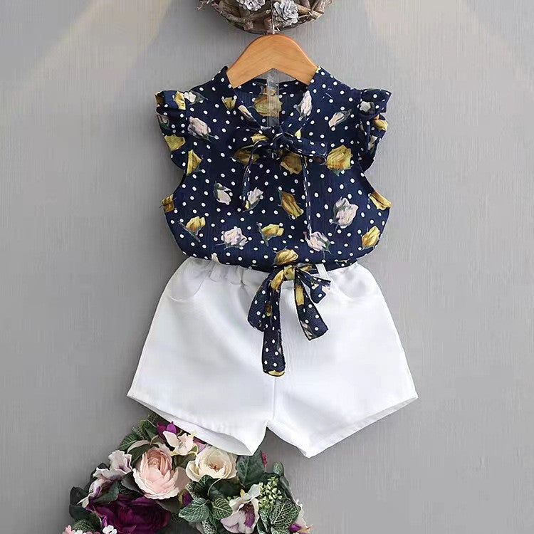Girls Chiffon Sleeveless Flower Printed Two-piece Suit