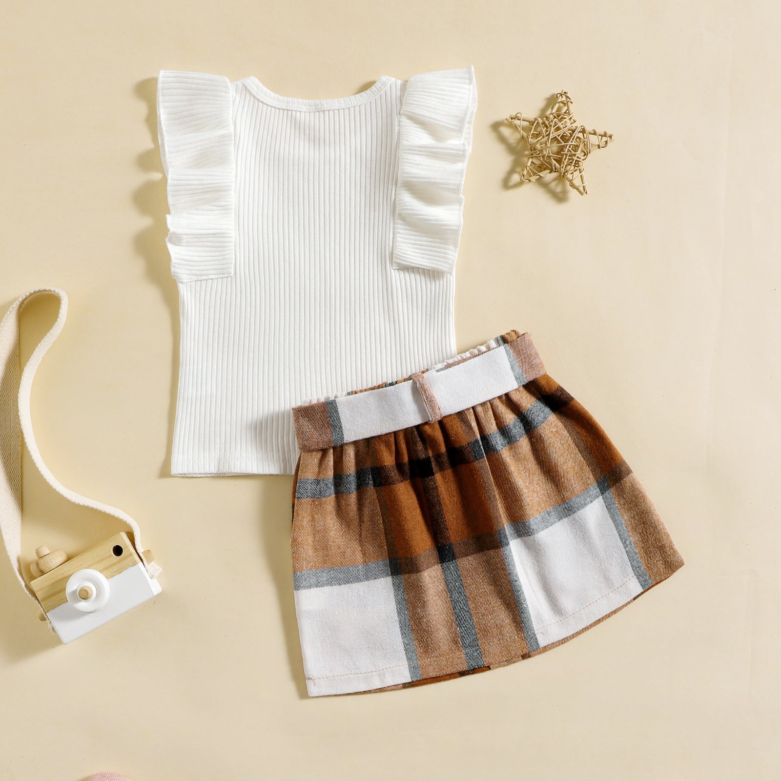 Flying Sleeve Plaid Skirt Two-piece Suit