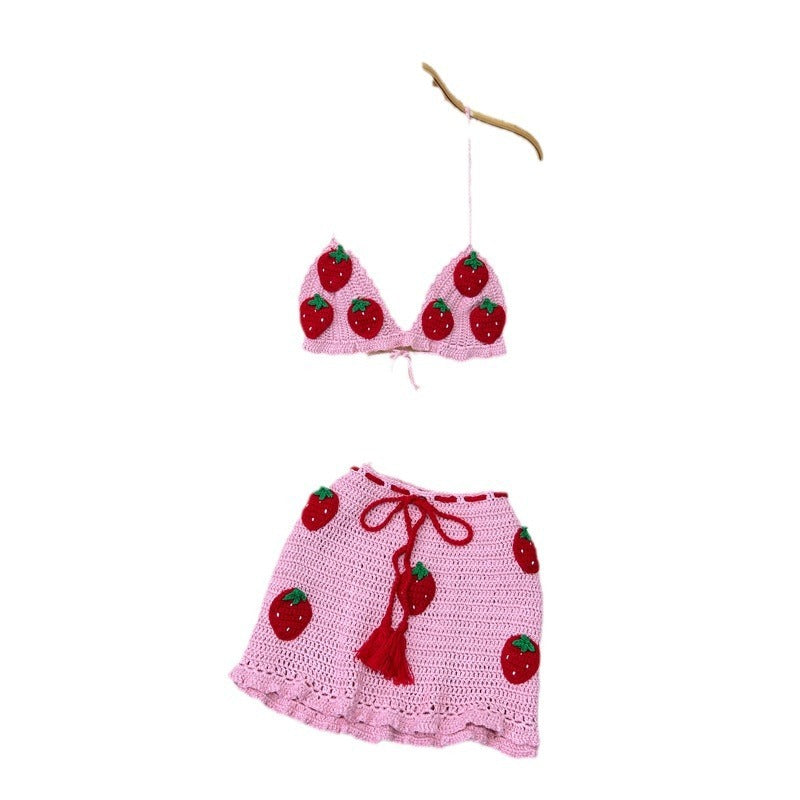 Vacation Style Sweet Knitted Strawberry Sling Tube Top Short Vest Hip Skirt
