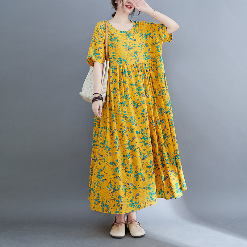 Artistic Large Size Loose Plump Girls Cotton And Linen Printed Short-sleeved Dress Women's Clothing