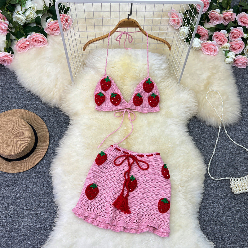Vacation Style Sweet Knitted Strawberry Sling Tube Top Short Vest Hip Skirt
