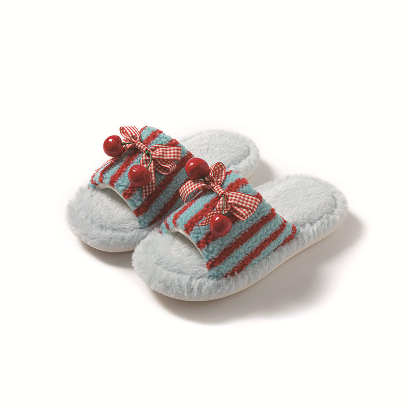 Contrast Color Cherry Open Plush Slippers