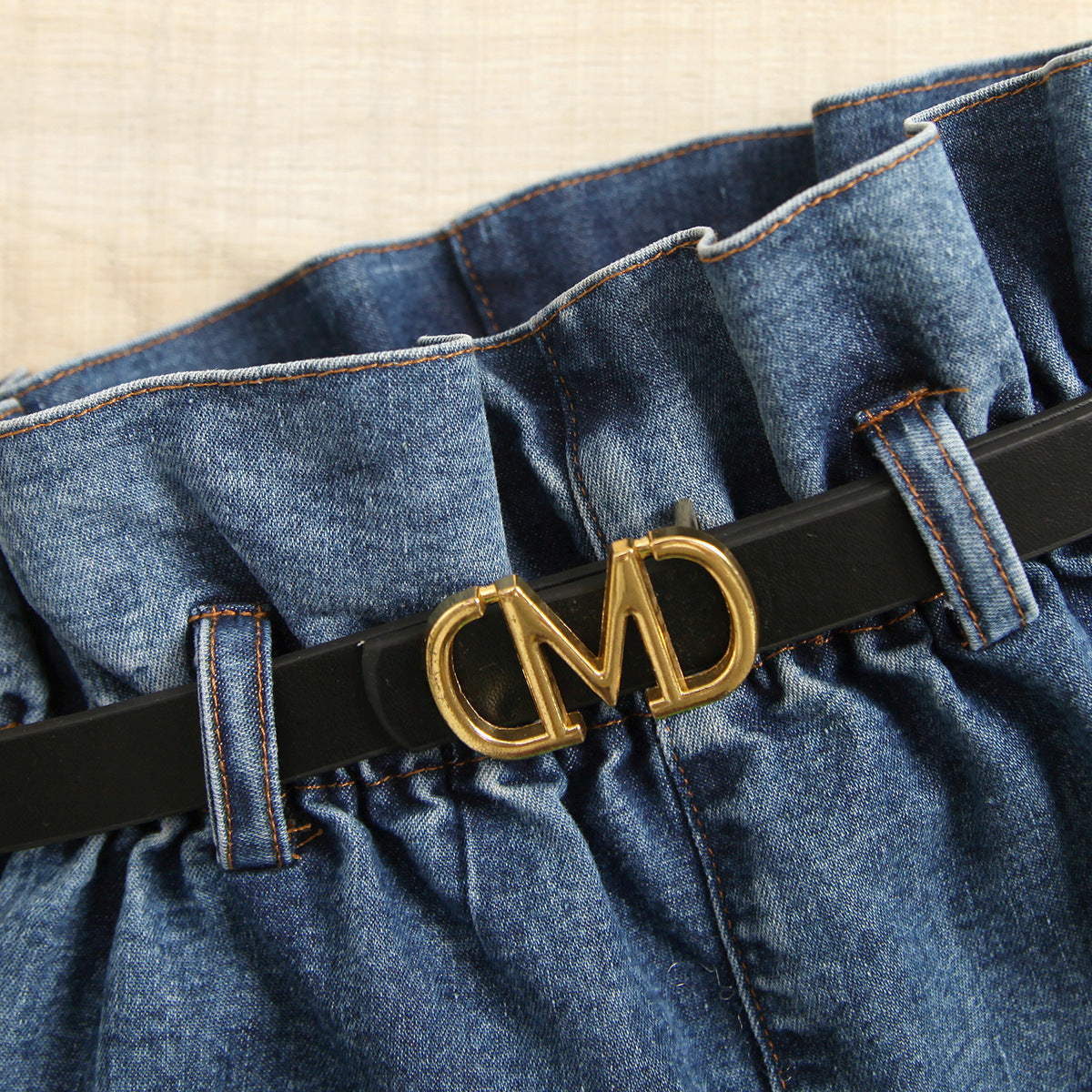 Girls' Suspender Constricted Lantern Sleeves Denim Open Top