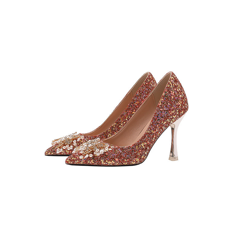Red Crystal With Evening Dress High Heels