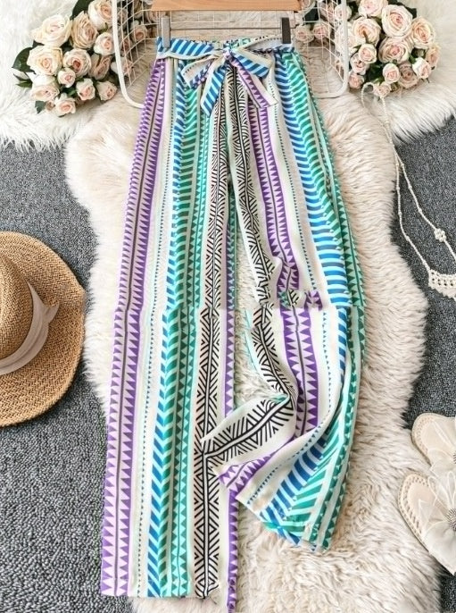 Striped Digital Printing Wide Leg Leisure Slim Fit Tied Cropped Pants