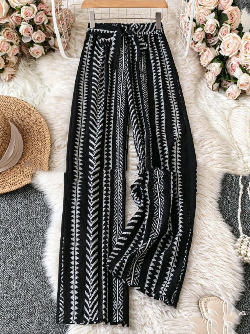 Striped Digital Printing Wide Leg Leisure Slim Fit Tied Cropped Pants