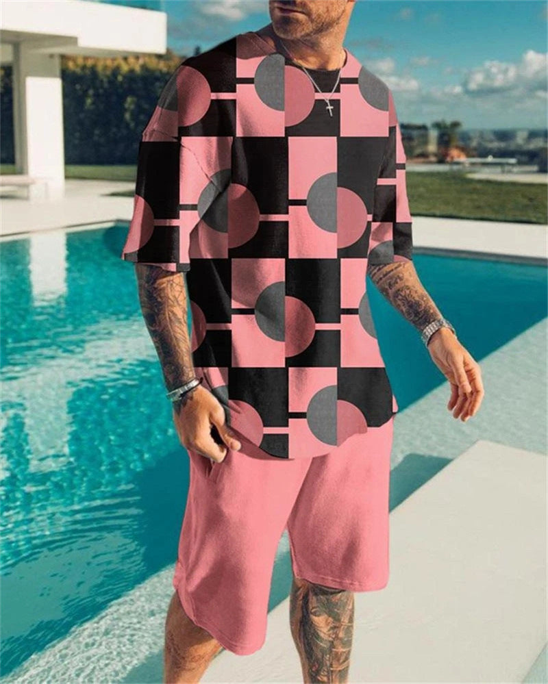 3D Digital Printing Men Summer Short-sleeved Beach Pants Suit