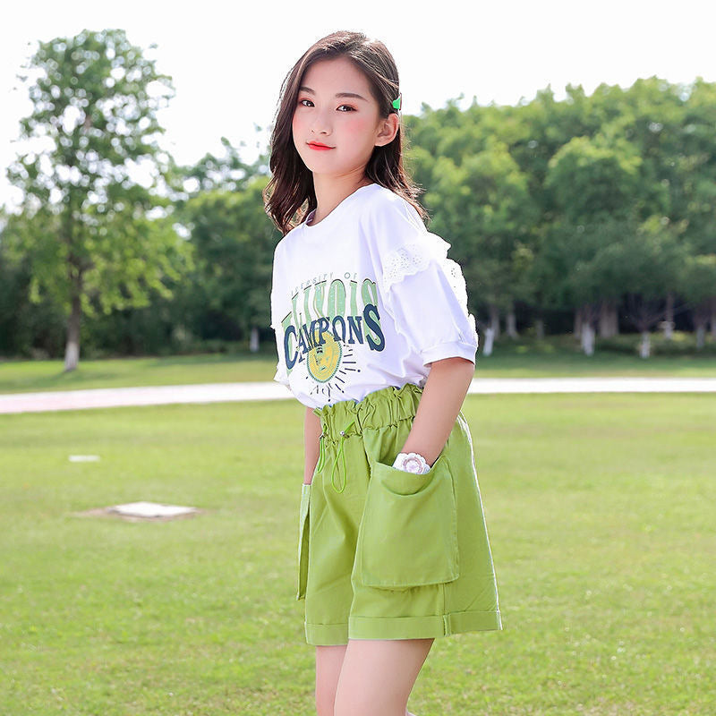 Girls Casual Fashion Short Sleeve Shorts Two Piece Set