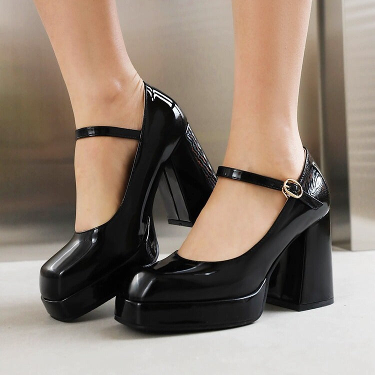 Spring Summer New Women's Shoes Mary Jane High Heels Patent Leather Square Toe