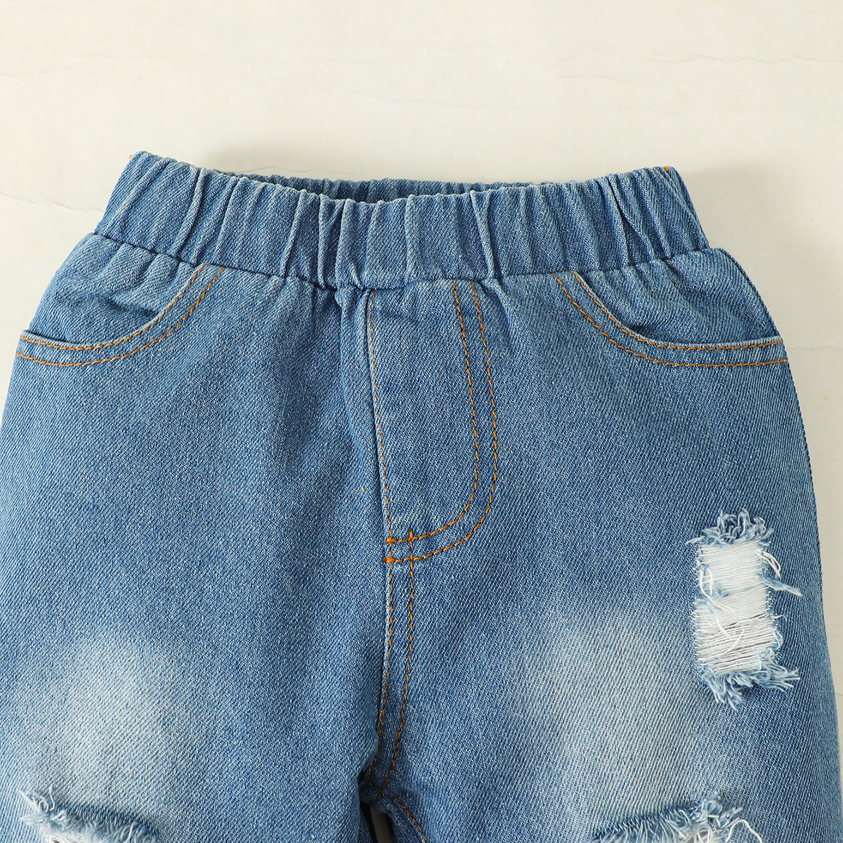 Girls' Solid Color Round Neck Short Sleeves Ruffled Denim Two-piece Suit