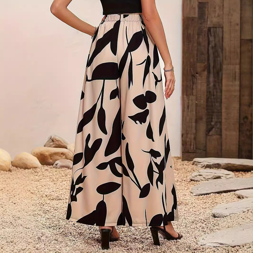Leaf Print High Waisted Hanging Wide Leg Casual Pants