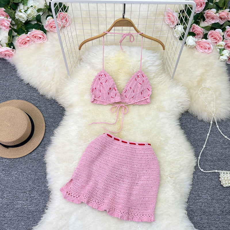 Vacation Style Sweet Knitted Strawberry Sling Tube Top Short Vest Hip Skirt