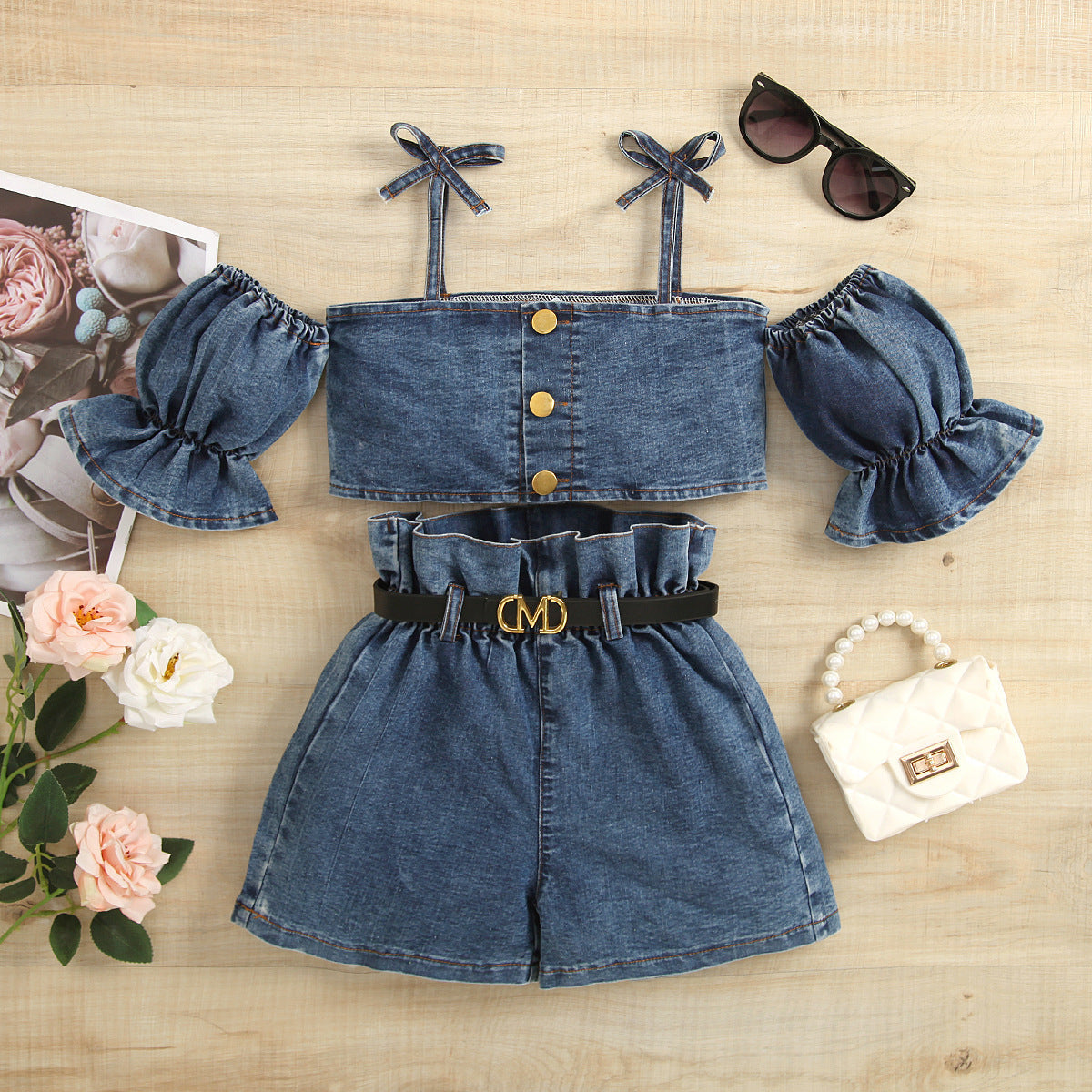 Girls' Suspender Constricted Lantern Sleeves Denim Open Top