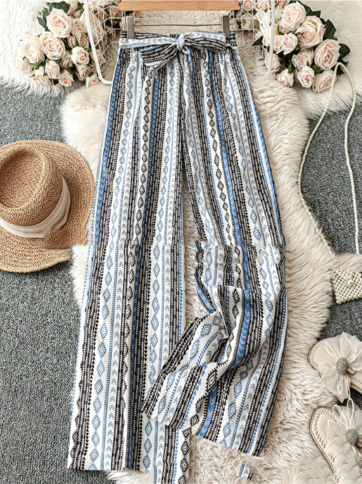 Striped Digital Printing Wide Leg Leisure Slim Fit Tied Cropped Pants