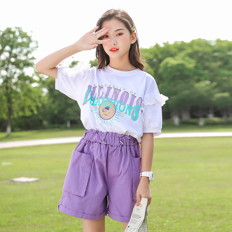 Girls Casual Fashion Short Sleeve Shorts Two Piece Set