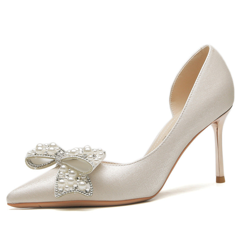 Women's Stiletto Heel Pointed Toe Side Empty Rhinestone Bow Pumps