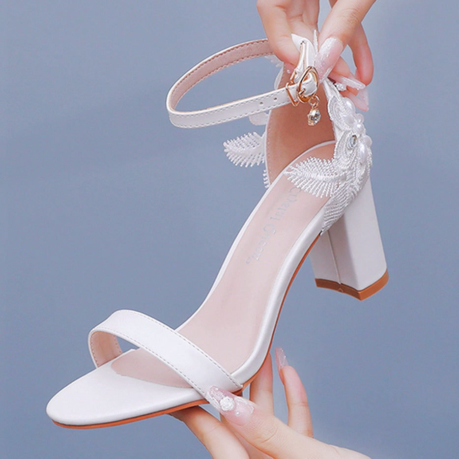 Chunky Heel Low-cut One-strap Round Toe Flower Beaded High Heel Sandals