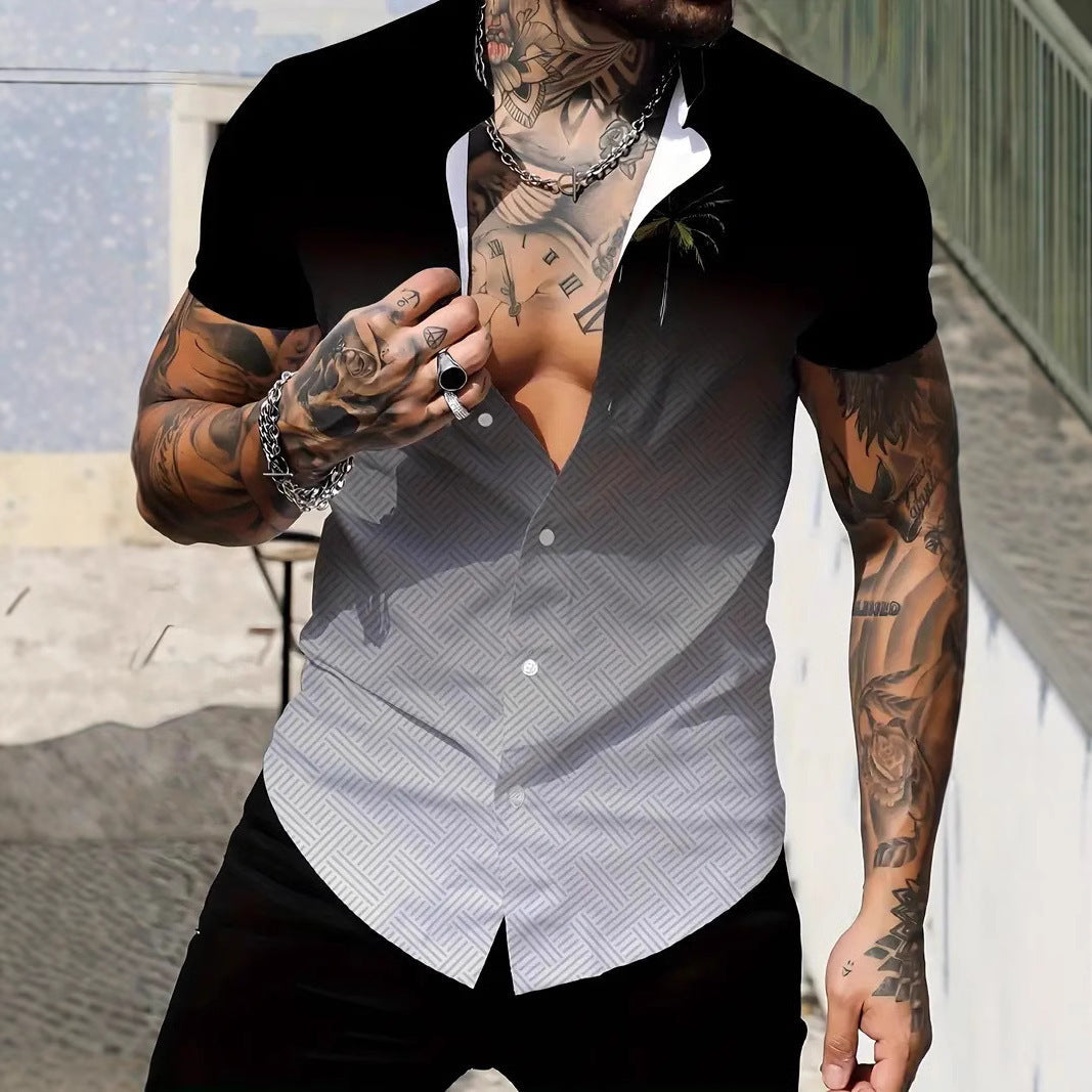 Men's New Geometric Line Style Printing Lapel Short Sleeve Shirt