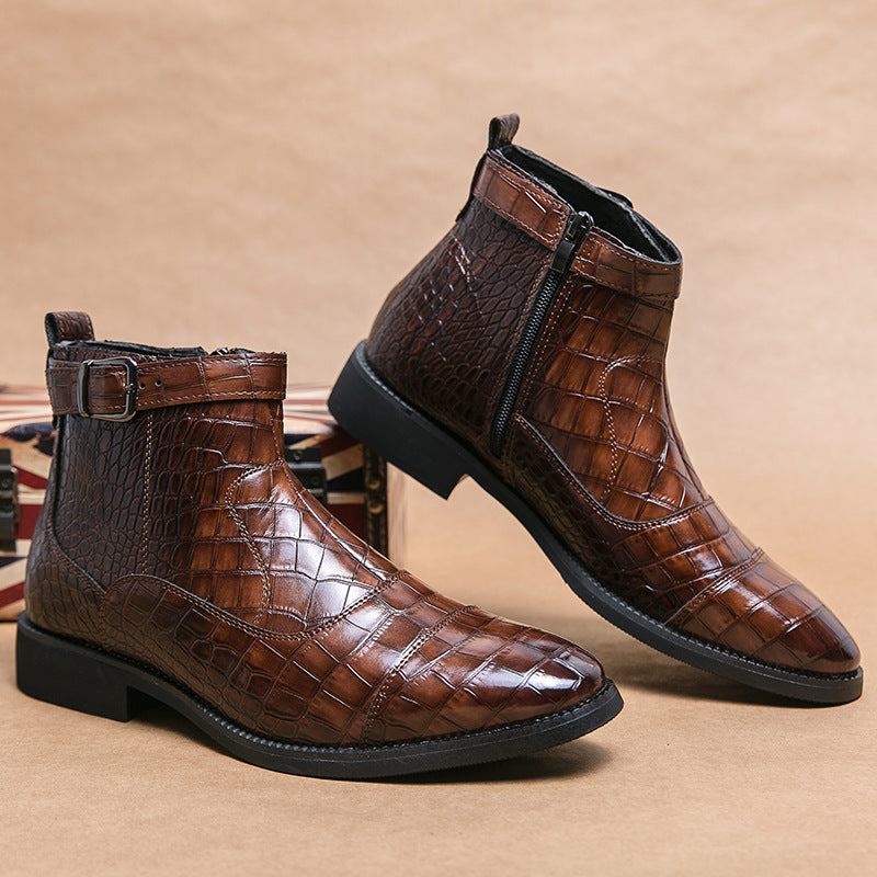 Men's Crocodile Pattern Boots Fashion Pointed Toe Low Square Heel Buckle Zipper Ankle Boots Business Formal Leather Shoes   (Available)